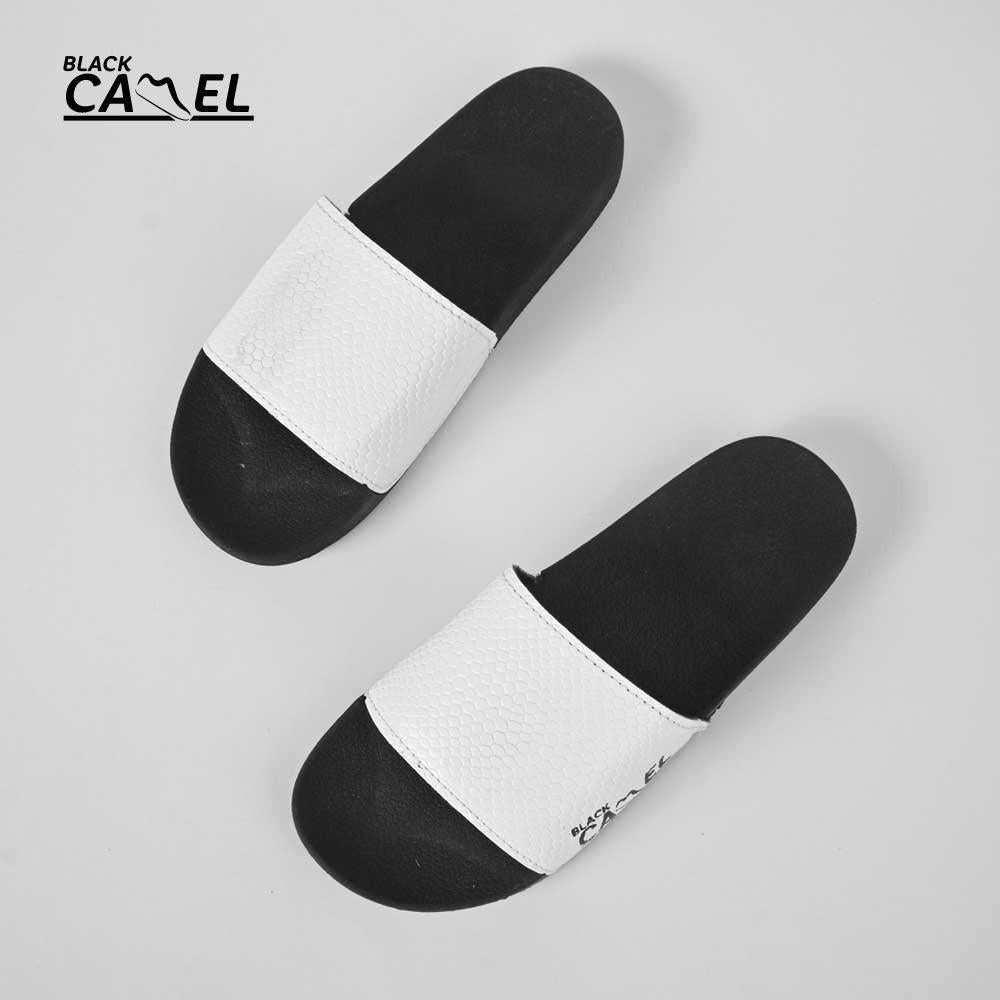 Black Camel Cobra Texture Slides / Slippers - White
