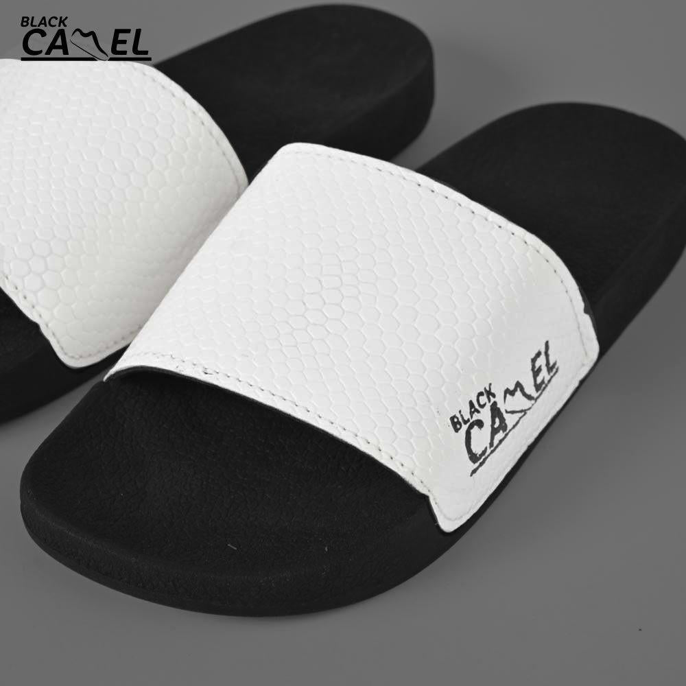 Black Camel Cobra Texture Slides / Slippers - White